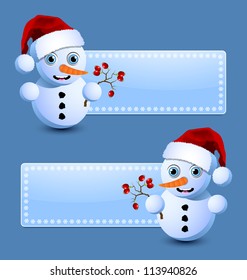 Cute little snowman banners isolated on blue background