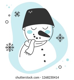Cute little snowman with big bucket on his head as hat, Coal buttons smile, carrot as nose and beautiful cozy scarf. Simple vector illustration in Scandinavian or Nordic hipster style with snowflakes