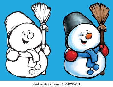 cute little snowman with a broom in a scarf and mittens