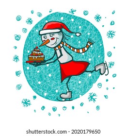 Cute little snowman girl. T-shirt prints. Snow mom with a cake in her hands. Family look. Christmas tree . Vector illustration