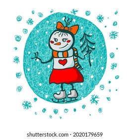 Cute little snowman girl. T-shirt prints. Family look. Christmas tree . Vector illustration