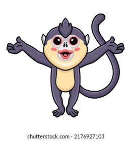 Cute little snub nosed monkey cartoon raising hands