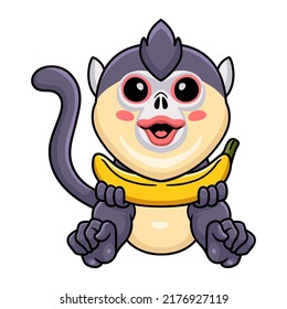 Cute little snub nosed monkey cartoon holding a banana