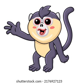 Cute little snub nosed monkey cartoon waving hand