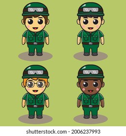 Cute little Soldier. Adorable kids soldier set. Smiling little Boy dressed as Soldier vector illustrations.