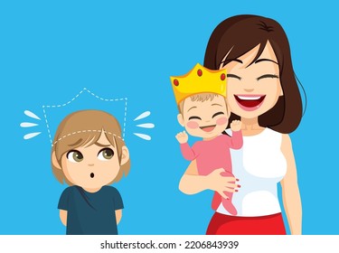 Cute little son boy feeling bad dethroned by new baby on family. Unhappy kid jealousy concept