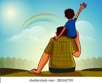 Cute little son sitting on his father's shoulder on nature background for Happy Father's Day celebration concept.