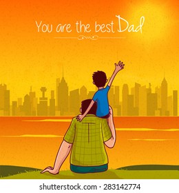 Cute little son sitting on his father's shoulder on city view orange and yellow background for Happy Father's Day celebration concept.