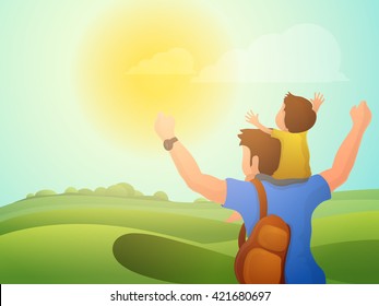Cute little son sitting on his father shoulder on beautiful nature background for Happy Father's Day celebration.