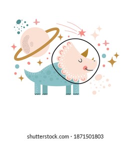 Cute little Space dino with planet, stars and comets around. Astronaut dinosaur. Can be used for cards, kids, baby fashion, textile, fabrics, posters, t-shirts. Isolated design elements.