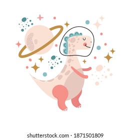 Cute little Space dino with planet, stars and comets around. Astronaut dinosaur. Can be used for cards, kids, baby fashion, textile, fabrics, posters, t-shirts. Isolated design elements.