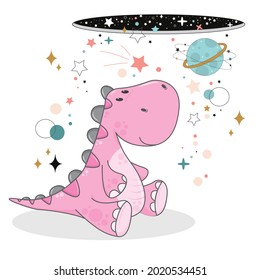 Cute Little Space  Dino With Planet, Stars And Comets Around. Pink Dino Illustration.