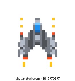 Cute little spaceship, game hero in pixel art style isolated on white