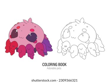 Cute little spider with a kind smiling face and big eyes. Vector pet illustration drawn in a simple graphic line art style. Coloring book page design with outline and colored versions