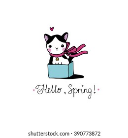 Cute little spotted cat in the box. "Hello, Spring" text. Hand drawing isolated objects on white background. Vector illustration.