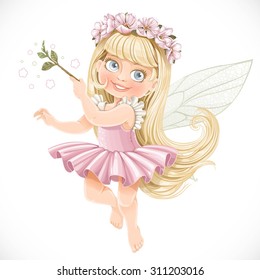 Cute Little Spring Fairy Girl In Pink Tutu With Magic Wand Isolated On A White Background