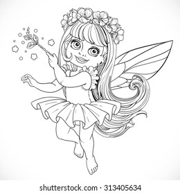 Cute little spring fairy girl in tutu with Magic wand outline isolated on a white background