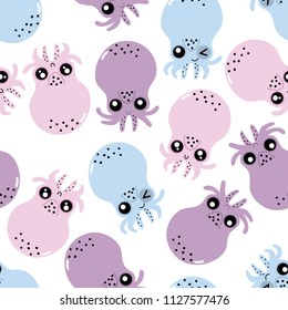 Cute little squid seamless pattern. Under the sea background. Animal in ocean cartoon character.