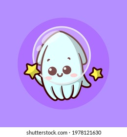 CUTE LITTLE SQUID IS WEARING A GLASS HELMET AND HOLDING A LITTLE YELLOW STAR. CARTOON MASCOT AND CHARACTER.