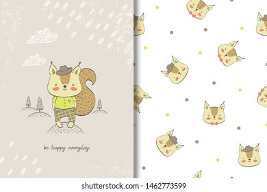 Cute little squirrel baby in the hat. Kids card print template and seamless background pattern. Cartoon character animal. Hand drawn shirt or textile design vector illustration.