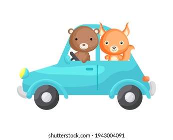 Cute little squirrel and bear driving turquoise car. Cartoon character for childrens book, album, baby shower, greeting card, party invitation, house interior. Vector stock illustration.