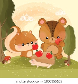 cute little squirrel and bear eats apples