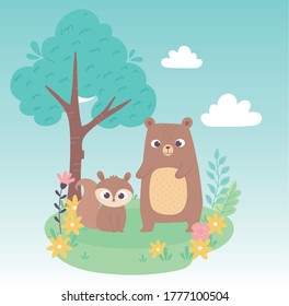 cute little squirrel and bear on grass with flowers and tree cartoon vector illustration