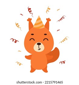 Cute little squirrel in birthday hat on white background. Cartoon animal character for kids t-shirt, nursery decoration, baby shower, greeting card, house interior. Vector stock illustration