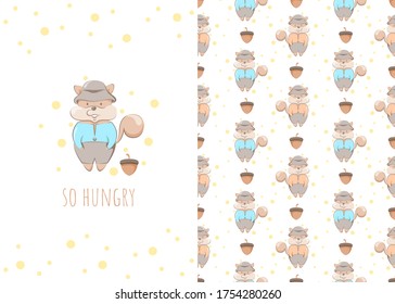 Cute little squirrel cartoon character, illustration and seamless pattern for kids