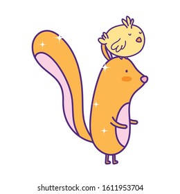 cute little squirrel with chicken in head cartoon vector illustration
