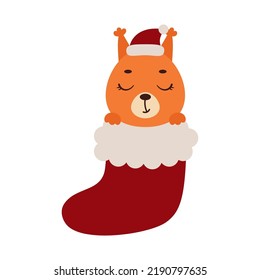 Cute little squirrel in Christmas sock. Cartoon animal character for kids cards, baby shower, invitation, poster, t-shirt composition, house interior. Vector stock illustration.
