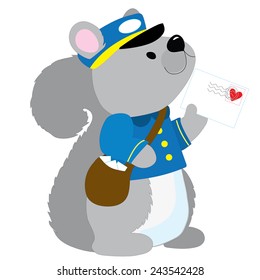 A cute little squirrel dressed like a postman is delivering a letter with a heart stamp