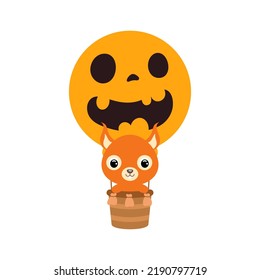 Pequeña ardilla linda volando en globo de aire caliente de Halloween. Caricatura animal para camisetas de niños, decoración infantil, ducha de bebé, tarjeta de saludo, invitación. Ilustración de material vectorial
