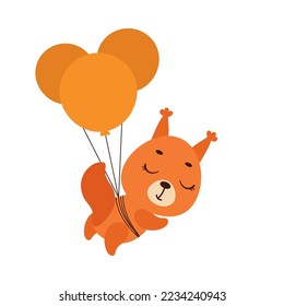 Cute little squirrel flying on balloons. Cartoon animal character for kids t-shirts, nursery decoration, baby shower, greeting card, invitation, house interior. Vector stock illustration