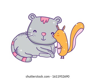 cute little squirrel and gray cat catoon animals on white background vector illustration