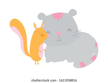 cute little squirrel and gray cat catoon animals on white background vector illustration