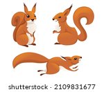 Cute little squirrel jumping down. Side view. Cartoon animal character design. Flat vector illustration isolated on white background.