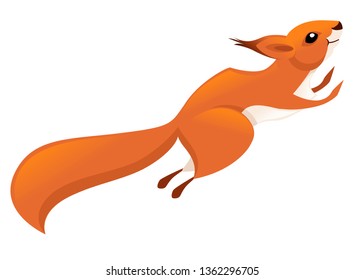 Cute little squirrel jumping up. Side view. Cartoon animal character design. Flat vector illustration isolated on white background.