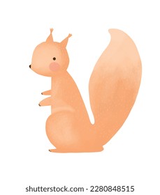 Cute Little Squirrel. Lovely Nursery Vector Art with Sweet Happy Ginger Squirrel on a White Background. Hand Drawn Cartoon Woodland Print ideal for Card, Wall Art, Poster, Greetings. No text.