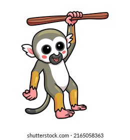 Cute little squirrel monkey cartoon hanging on tree