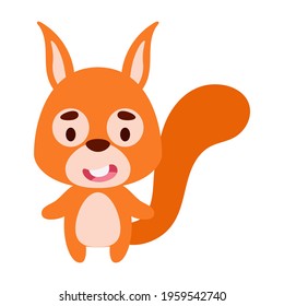 Cute little squirrel on white background. Cartoon animal character for kids cards, baby shower, birthday invitation, house interior. Bright colored childish vector illustration.