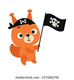 Cute little squirrel with pirate flag. Cartoon animal character for kids t-shirts, nursery decoration, baby shower, greeting card, invitation, house interior. Vector stock illustration