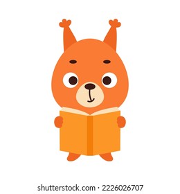 Cute little squirrel reading book on white background. Cartoon animal character for kids t-shirt, nursery decoration, baby shower, greeting card, house interior. Vector stock illustration
