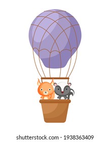 Cute little squirrel, skunk fly on purple hot air balloon. Cartoon character for childrens book, album, baby shower, greeting card, party invitation, house interior. Vector stock illustration.