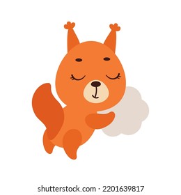 Cute little squirrel sleeping on cloud. Cartoon animal character for kids t-shirt, nursery decoration, baby shower, greeting cards, invitations, house interior. Vector stock illustration