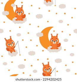 Pequeña ardilla suave durmiendo en un patrón infantil sin costuras en la nube. Caricatura divertida de carácter animal para tela, envoltura, textil, papel pintado, vestimenta. Ilustración del vector