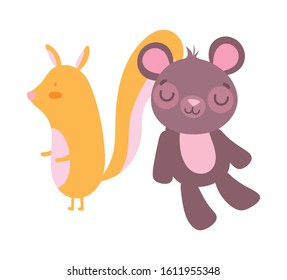 cute little squirrel and teddy bear cartoon on white background vector illustration