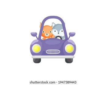 Cute little squirrel and wolf driving purple car. Cartoon character for childrens book, album, baby shower, greeting card, party invitation, house interior. Vector stock illustration.