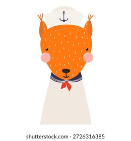 Süße kleine Eichhörnchen Seemann einzeln auf transparentem. Kawaii Cartoon-Charakter. Handgezeichnete, flache Vektorgrafik. Kinder nautisches Design Element, Clip Art, Modedruck, Poster, Wandkunst