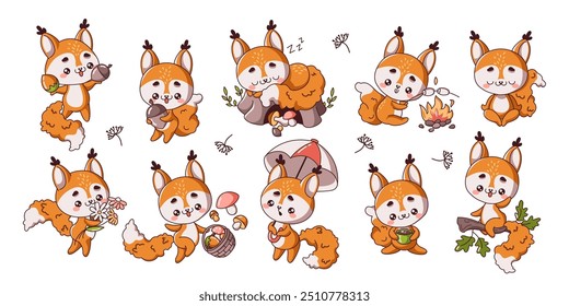 Cute little squirrels having fun flat color vector illustration set. Kawaii wild rodent in various situations icons on white collection